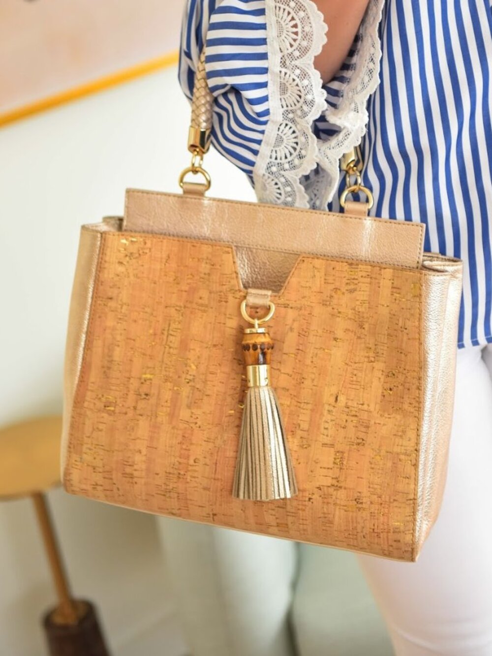 Elaine Turner Satchel bag crafted from cork material with gold metallic leather